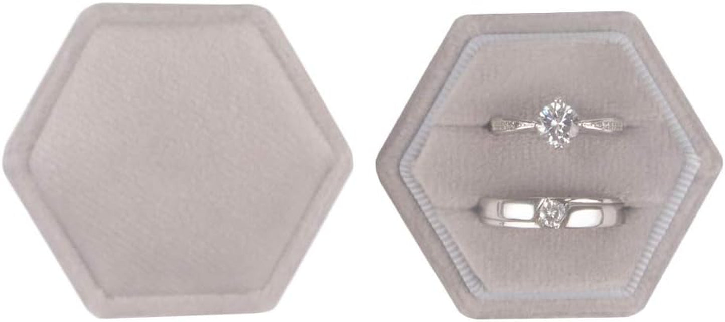 Velvet Ring Box Hexagon - Premium Gorgeous Vintage Double Ring Display Holder with Detachable Lid for Proposal, Engagement, Wedding, Ceremony (Gray)