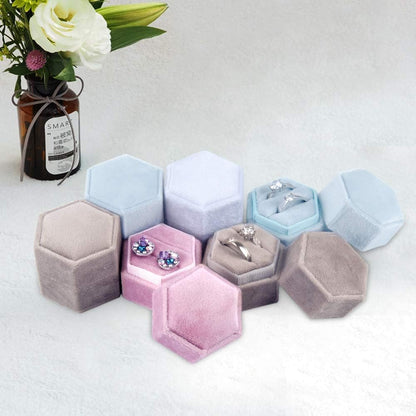 Velvet Ring Box Hexagon - Premium Gorgeous Vintage Double Ring Display Holder with Detachable Lid for Proposal, Engagement, Wedding, Ceremony (Gray)