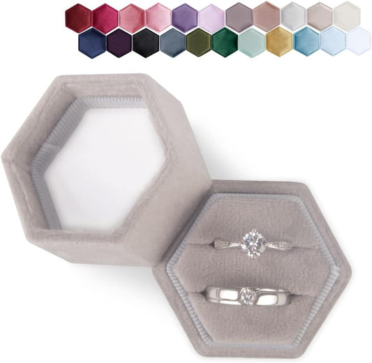 Velvet Ring Box Hexagon - Premium Gorgeous Vintage Double Ring Display Holder with Detachable Lid for Proposal, Engagement, Wedding, Ceremony (Gray)