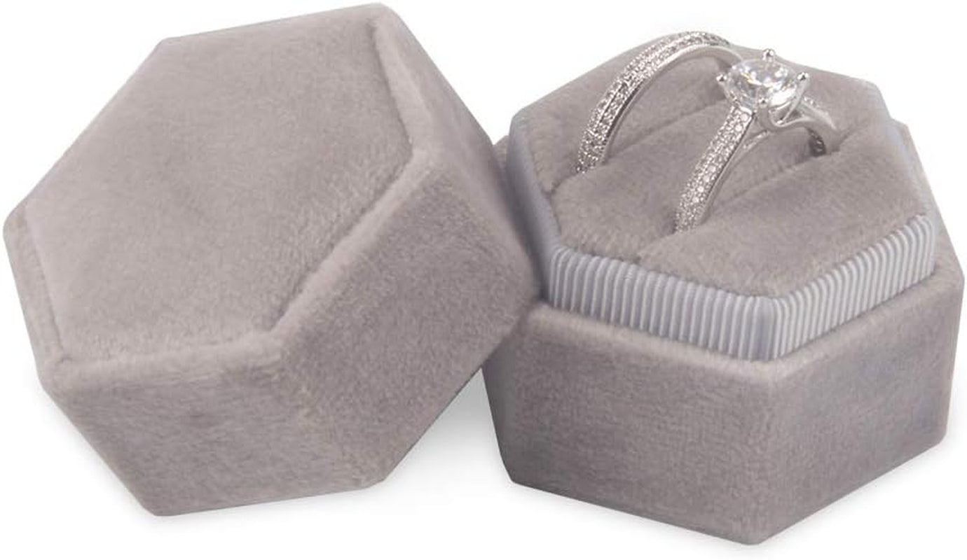 Velvet Ring Box Hexagon - Premium Gorgeous Vintage Double Ring Display Holder with Detachable Lid for Proposal, Engagement, Wedding, Ceremony (Gray)