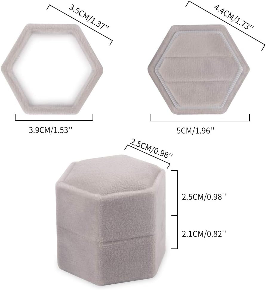 Velvet Ring Box Hexagon - Premium Gorgeous Vintage Double Ring Display Holder with Detachable Lid for Proposal, Engagement, Wedding, Ceremony (Gray)