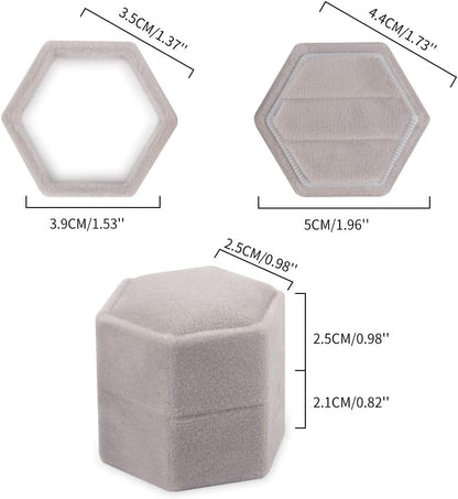 Velvet Ring Box Hexagon - Premium Gorgeous Vintage Double Ring Display Holder with Detachable Lid for Proposal, Engagement, Wedding, Ceremony (Gray)
