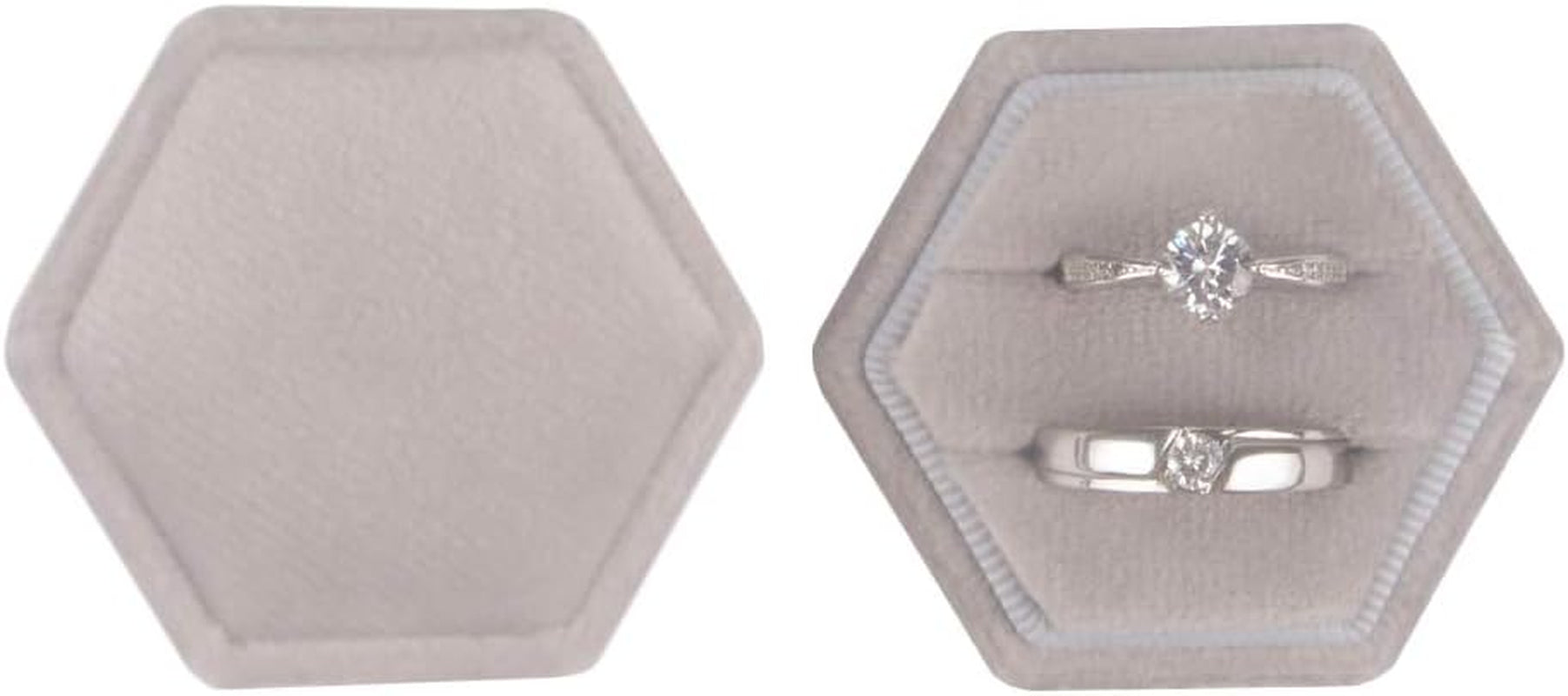 Velvet Ring Box Hexagon - Premium Gorgeous Vintage Double Ring Display Holder with Detachable Lid for Proposal, Engagement, Wedding, Ceremony (Gray)