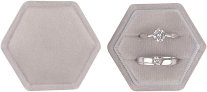 Velvet Ring Box Hexagon - Premium Gorgeous Vintage Double Ring Display Holder with Detachable Lid for Proposal, Engagement, Wedding, Ceremony (Gray)