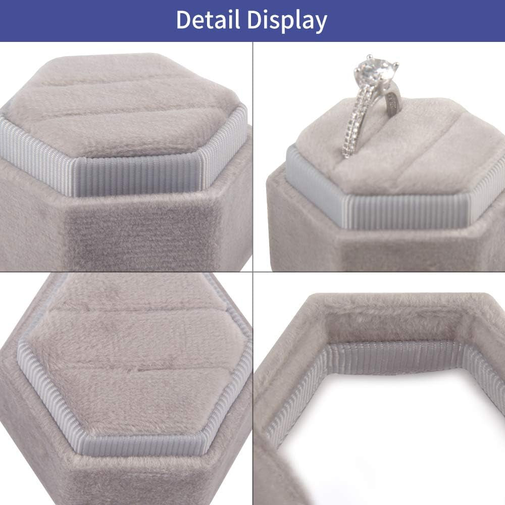 Velvet Ring Box Hexagon - Premium Gorgeous Vintage Double Ring Display Holder with Detachable Lid for Proposal, Engagement, Wedding, Ceremony (Gray)