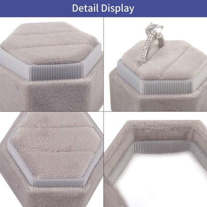 Velvet Ring Box Hexagon - Premium Gorgeous Vintage Double Ring Display Holder with Detachable Lid for Proposal, Engagement, Wedding, Ceremony (Gray)